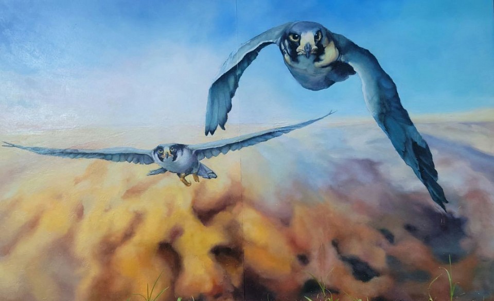 Oil on board 2 pieces 24x 30 each  Birds on a Mission